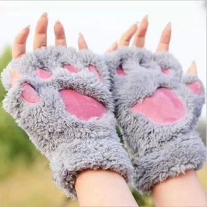 Cat Paw Half Finger Gloves Plush Faux Fur Thick Warm Soft Pink Meat Pad Fingerless For Women Girls Winter Cosplay Accessory