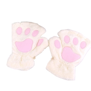 Cute white plush cat paw fingerless gloves with pink paw pads for winter warmth