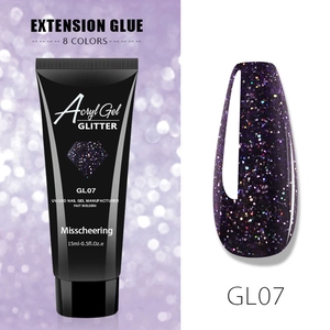 Macro detail of Misscheering GL07 purple glitter nail extension gel on long coffin nail