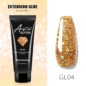 Macro detail of GL04 glitter nail extension gel in 15ml tube with orange gold swatch