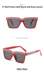 Details der roten quadratischen Sonnenbrille mit Strasssteinen und grauen Gläsern