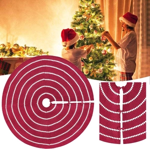 Jupe de sapin de Noël rouge tricotée 48 pouces avec motif vagues et nœuds blancs