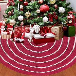 Jupe De Sapin De Noël Tricotée Acrylique Rouge Blanc Motif À Vagues Décoration De Fête Nœuds