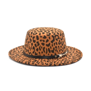 Leopard print flat top fedora hat with black leather band and gold metal buckle