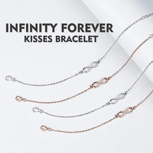 Detailed close-up of Infinity Forever Kisses bracelets in silver and rose gold finishes