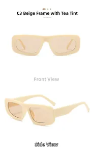 Détail de lunettes de soleil rectangulaires rétro beige avec verres teintés thé