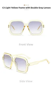 Detail view of square oversized sunglasses with light yellow frames and grey gradient lenses