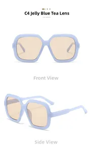 Detail of C4 Jelly Blue square frame sunglasses with tea lenses and metal stud accents
