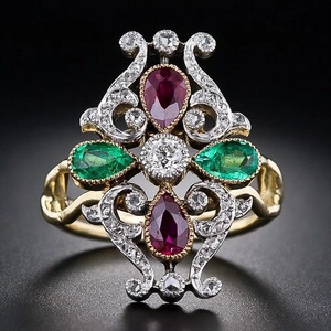Anello Fiore Bicolore Vintage Rame Con Rubino Smeraldo Taglio Pera Zirconia Trama Vite Stile Vittoriano Per Donne