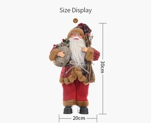 Size display of 30cm standing Santa Claus figurine with red plaid outfit and gift bag