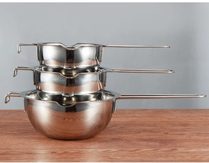 Three-piece set of stacked 304 stainless steel double spout melting pots on wood background