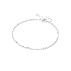 Detail of minimalist stainless steel beaded chain with lobster clasp and extender
