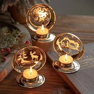 Christmas Candle Holder Gold Metal Hollow Out Reindeer Pine Tree Nativity Scene Desktop Decoration Nordic Style