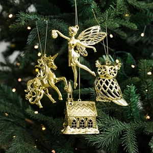 Golden Christmas Hanging Ornaments Plastic Metallic Xmas Tree Pendants Snowflake Reindeer Angel Star Decor Festive Party