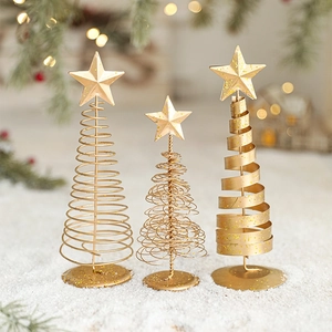 Golden Iron Christmas Tree Desktop Ornament Spiral Metal Craft With Star Topper Glitter Mini Holiday Table Decoration