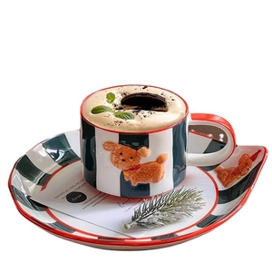 Hand-painted green striped ceramic coffee mug set with 3D teddy dog relief for gift