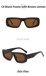 Vues frontale et latérale de lunettes de soleil rectangulaires noires à verres bruns