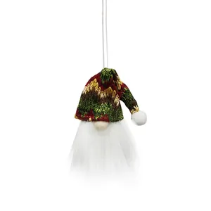 Detail of Style A Christmas Gnome ornament with red green yellow knit hat and white beard