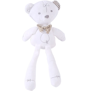 White plush bunny toy with striped bowtie and embroidered Q letter on white background