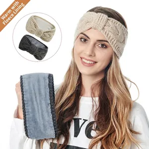 Women Cable Knit Headband Fleece Lined Ear Warmer Twist Knot Bow Winter Thermal Outdoor Hair Band