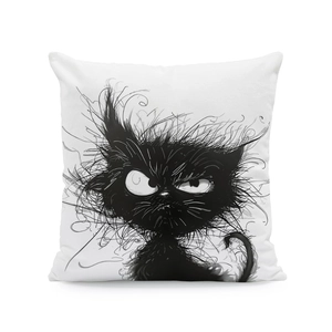 Minimalist white cushion cover featuring a hand-drawn angry black cat art illustration