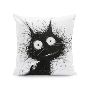 Square white pillow cover with unique black messy hair cat illustration for sofa decor