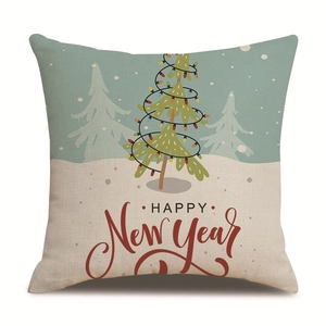 Linen Christmas pillow case with teal and beige colors featuring Happy New Year text