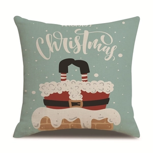 Christmas linen throw pillow cover with Santa Claus and snowflake pattern on teal