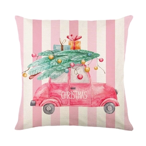 Christmas tree printed polyester pillow cover with watercolor car design for sofa decor