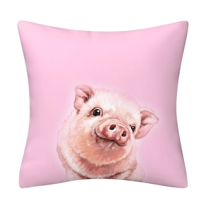 Close-up of pink square pillowcase featuring a cute hand-drawn cartoon pig illustration