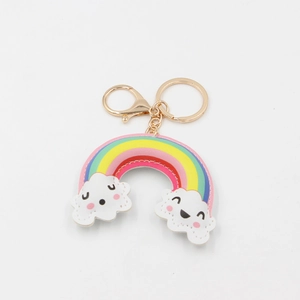Cute PU leather rainbow keychain with white clouds and golden lobster clasp on white background