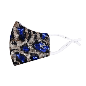 Fashionable leopard print sequin mask with adjustable ear loops in blue and gold