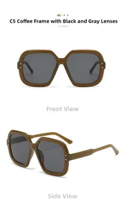 Detail view of coffee brown square frame sunglasses with metal rivets and grey lenses