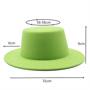 Neon green flat top wool felt boater hat with size guide measurements 56-58cm