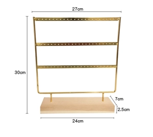 Three-tier gold metal earring stand with wood base and detailed size dimensions