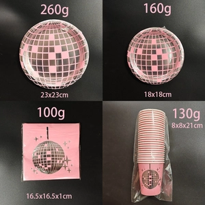 Pink disco ball party tableware set detail showing plate, cup and napkin dimensions