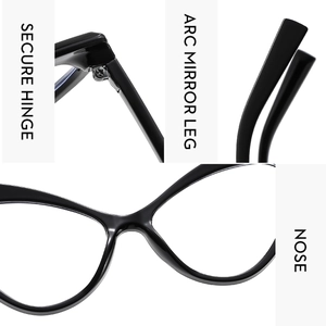 Close-up of cat-eye glasses showing secure metal hinges and ergonomic curved temples