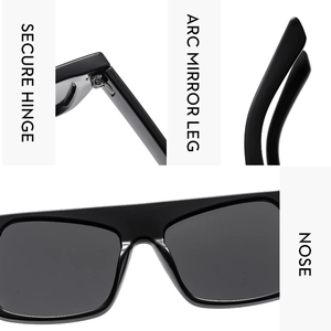 Detail view of Y2K sports sunglasses showing secure hinges and curved ergonomic temples
