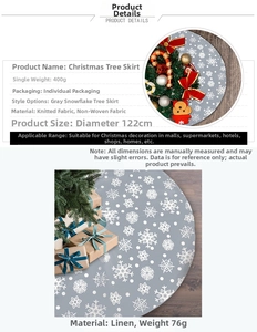 Detailed view of 122cm grey snowflake Christmas tree skirt with product specifications