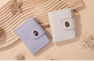 Short PU leather wallet for women with golden buckle and zipper in purple and white