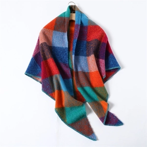 Detailed close-up of multi-color plaid knit scarf with soft fabric and overlock edges