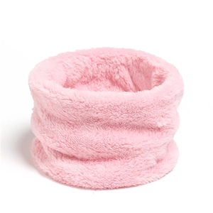 Close-up of soft pink coral fleece neck warmer with plush texture on white background