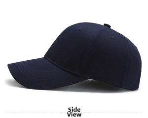 Side view of dark blue cotton baseball cap with ventilation holes and stitched brim