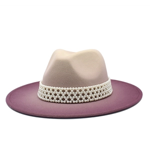 Fashionable wool fedora hat with beige to purple gradient and pearl beaded band decoration
