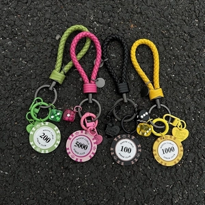 Braided Leather Rope Keychain With Poker Chip Dice Heart Charm Lucky Car Bag Pendant Accessory For Men Women
