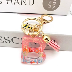 Pink resin letter B keychain with gold bee pendant and tassel for women handbags