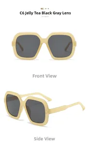 Detailed views of square frame sunglasses in jelly tea finish with dark gray lenses