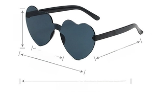 Detailed dimensions of heart-shaped sunglasses including lens width and frame size