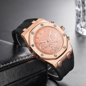 Men's Luxury Chronograph Quartz Watch Octagonal Rose Gold Case Rubber Strap Date Display Sport Business Wristwatch