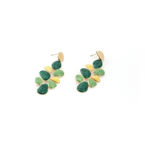 Chic gold-plated stainless steel leaf earrings with green enamel marble texture on white